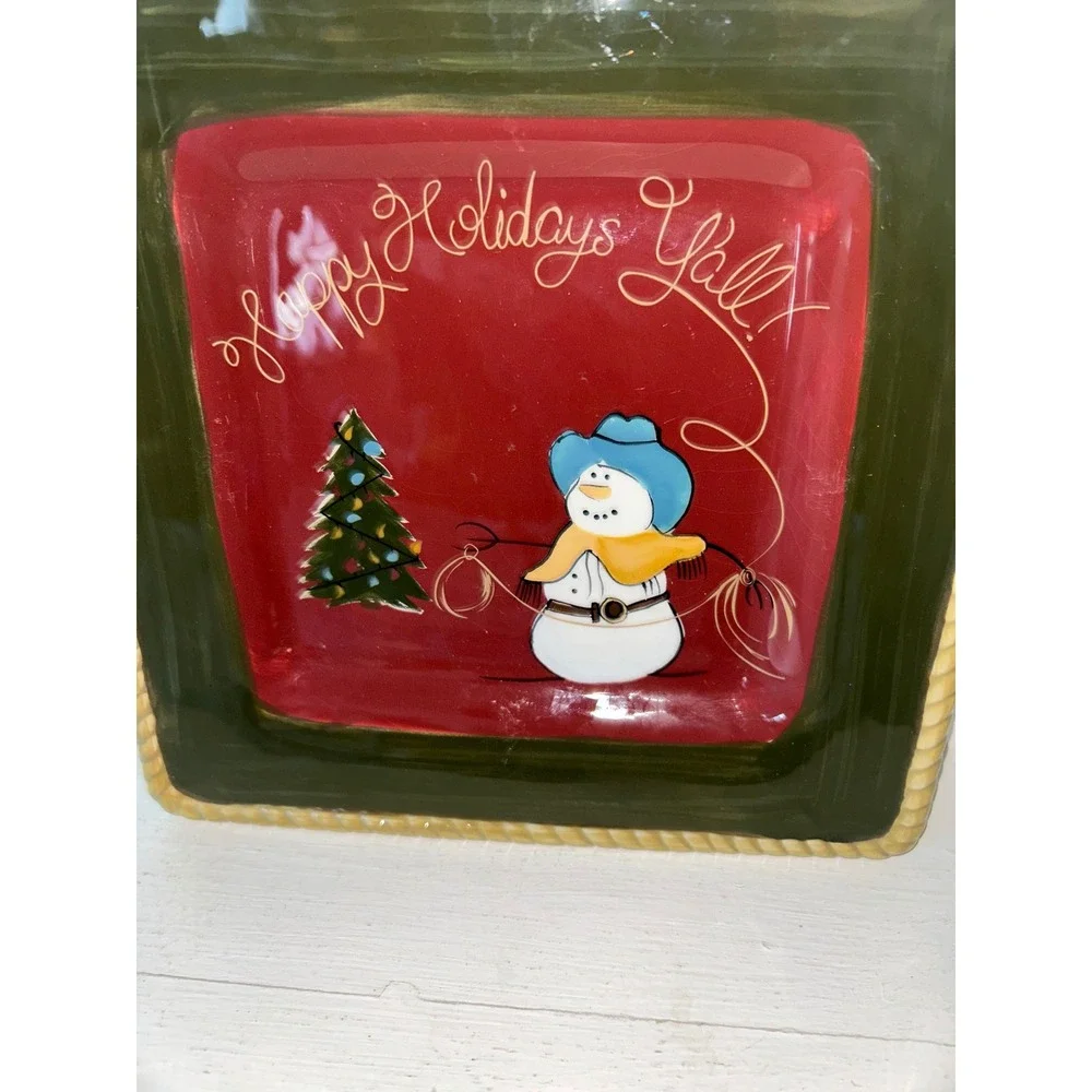 Happy Holidays Y'all Western Snowman Ceramic Square Platter Rope Trim Green Red